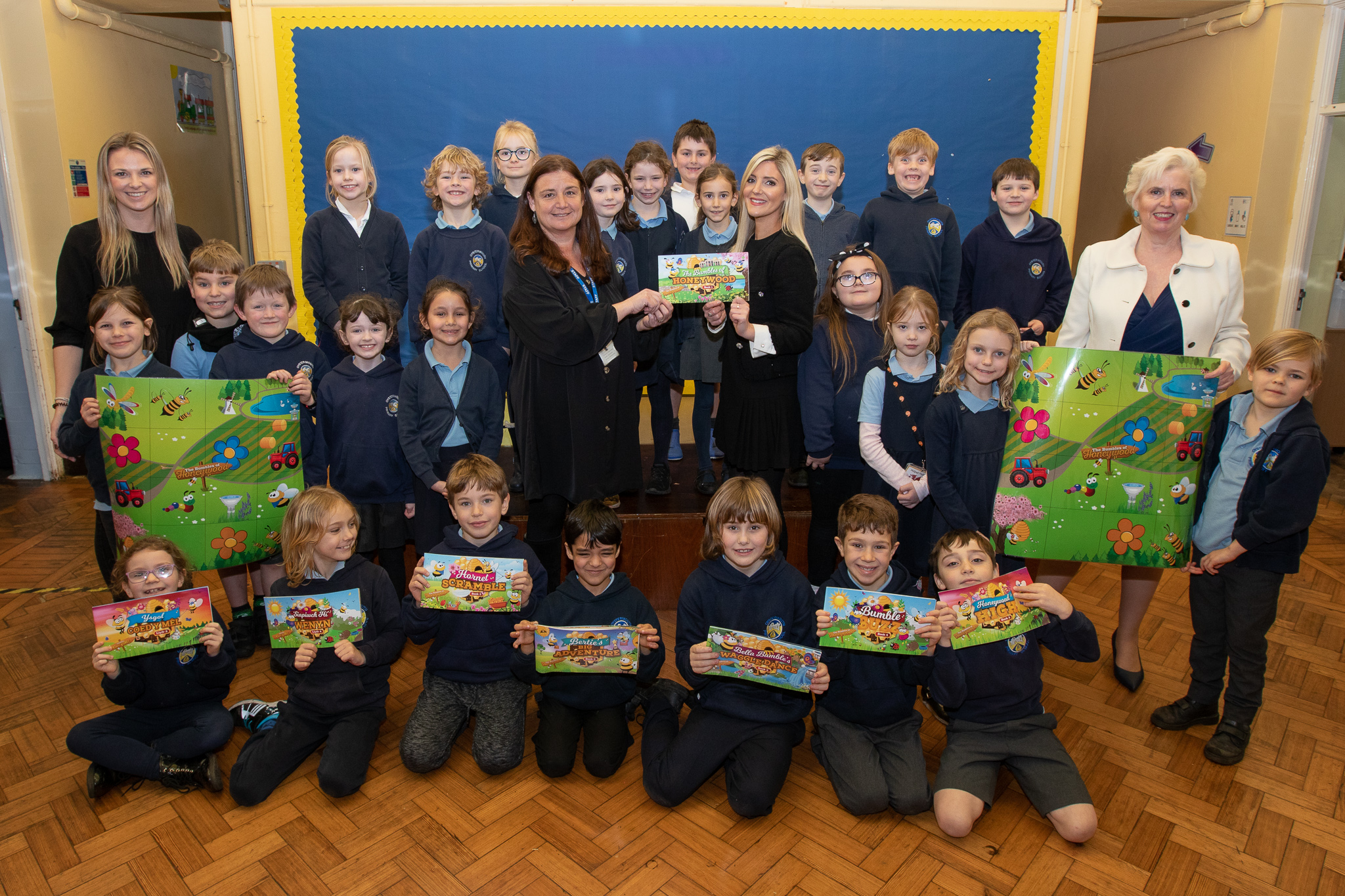 Laura Reynolds, Caroline Morgan, Charlotte Hewins and Sue Poole with pupils from Year 3.